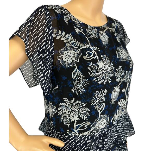 2/$30 Cabi Hybrid Layered Blouse Navy Blue Floral Ruffle Sleeve #5355 Size S - Picture 9 of 12